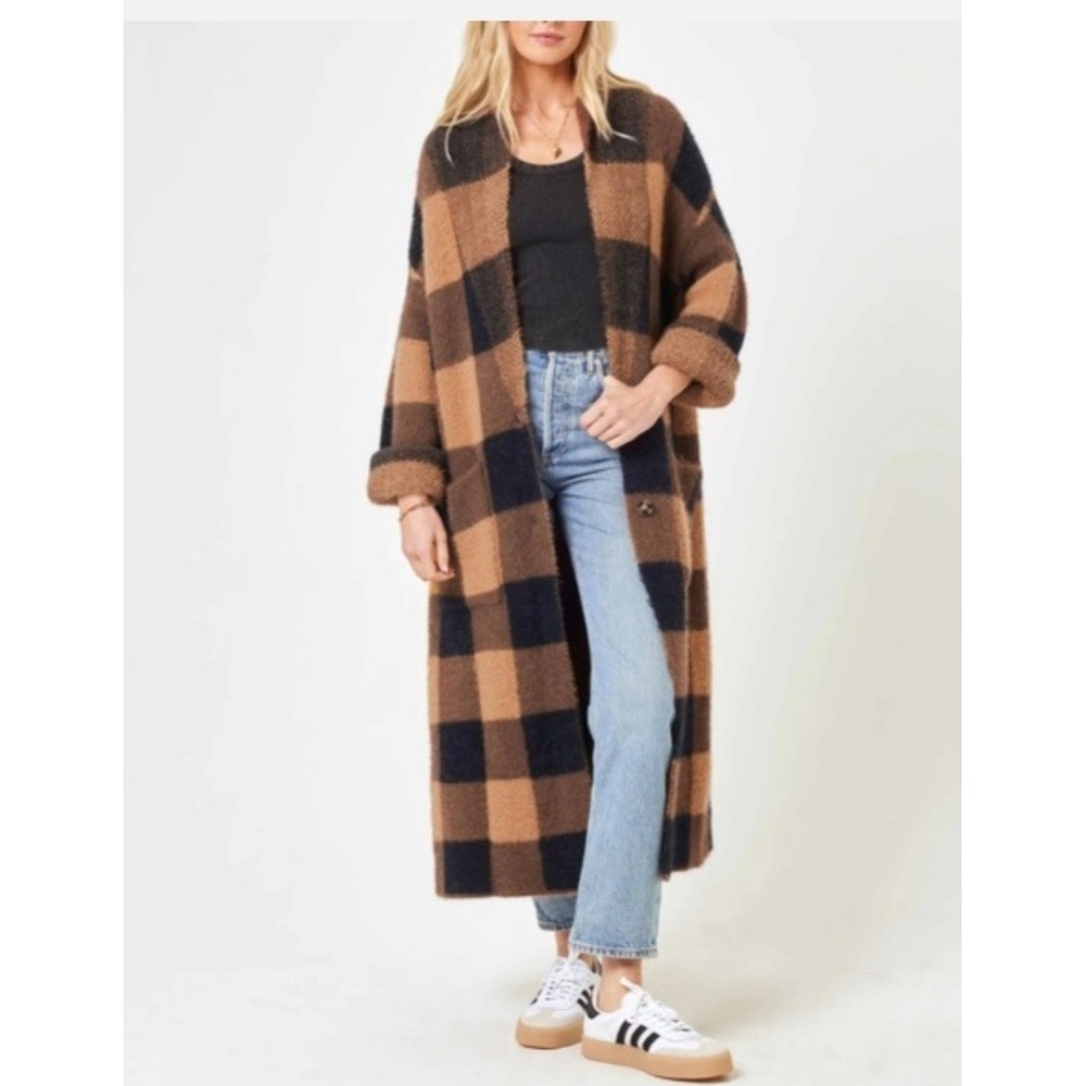 LSPACE Harlog Sweater Jacket Alpaca Wool Blend Brown‎ Plaid SZ M/L London Chic